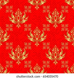 Simple seamless pattern - gold stars on a red background. Vintage ornament. Vector illustration.