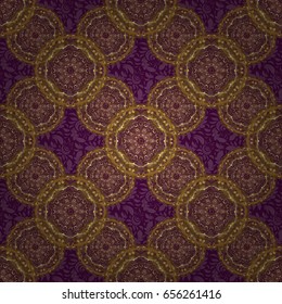 Simple seamless pattern - gold stars on a purple background. Vintage ornament. Vector illustration.