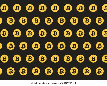 Simple seamless pattern, gold symbols of bitcoin on black background, vector illustration