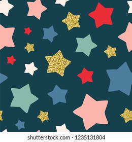 Simple seamless pattern with golden star. Vector illustration on the dark background.