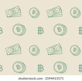 Simple seamless pattern, graphic symbols of bitcoin on flat background, vector illustration