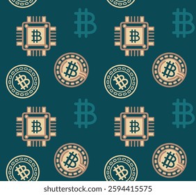 Simple seamless pattern, graphic symbols of bitcoin on flat background, vector illustration