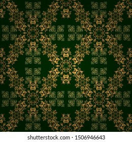 Simple seamless pattern - green and golden elements. Vector illustration. Vintage ornament.