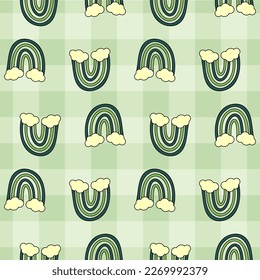Simple seamless pattern. Green retro cartoon style rainbow on a checkered background.