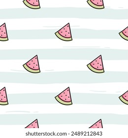 Simple seamless pattern with green stripes and watermelon slice. Bright vector background with repeating elements and icons. Children's design for gift paper