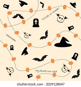 
Patrón simple y sin fisuras para la celebración de halloween con cabeza, sombrero de bruja, fantasma, guirnalda de calabazas, murciélago