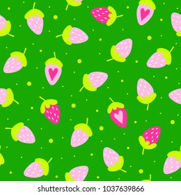 Simple seamless pattern with hand drawn strawberry on green background. Vector illustration for textile, paper, design, prints, decor, art, fabric.