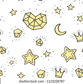 Simple seamless pattern with hand drawn elements: stars, moon, hearts, diamonds, and crown. Vector trendy kid pattern for textile, wallpaper