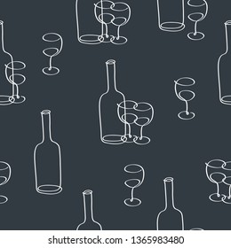 Simple seamless pattern with hand drawn bottle of wine glasses for restaurant menu, textile, wallpapers, gift wrap and scrapbook. Black and white. Vector illustration.