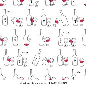 Simple seamless pattern with hand drawn bottle of wine glasses for restaurant menu, textile, wallpapers, gift wrap and scrapbook. White background. Vector illustration.