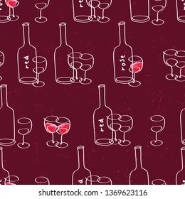 Simple seamless pattern with hand drawn bottle of wine glasses for restaurant menu, textile, wallpapers, gift wrap and scrapbook. Burgundy background. Vector illustration.