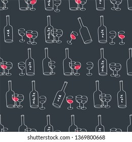 Simple seamless pattern with hand drawn bottle of wine glasses for beer menu, textile, cover, wrapping paper and scrapbook. Dark grey background. Vector illustration.