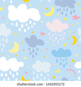 Simple seamless pattern with hand drawn clouds, raindrops, moon and stars. Cute baby shower cartoon pattern.