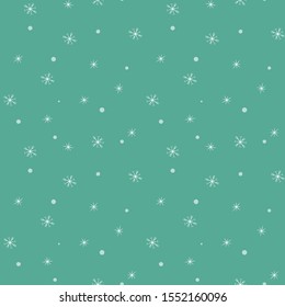 Simple seamless pattern hand drawn snowflakes. White snow on mint green background. Christmas decorative background for textile, wrapping paper, cards, wallpapers, web design. Vector illustration