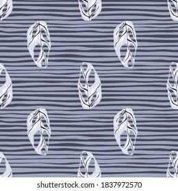 Simple seamless pattern with hand drawn houseplant monstera silhouettes. White foliage silhouettes on purple striped background. For fabric design, textile print, wrapping, cover. Vector illustration