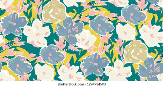 Simple seamless pattern of hand drawn gouache flowers, abstract colorful background.