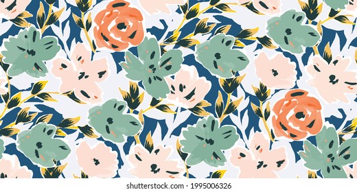 Simple Seamless Pattern Of Hand Drawn Gouache Flowers, Abstract Colorful Background.