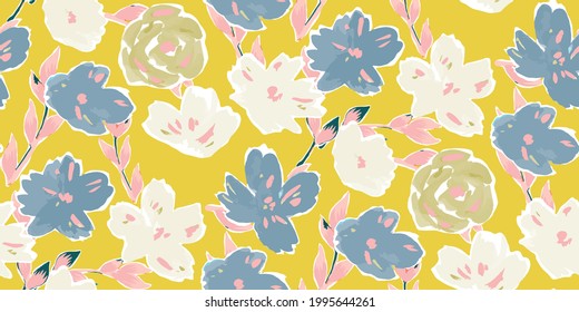 Simple seamless pattern of hand drawn gouache flowers, abstract colorful background.