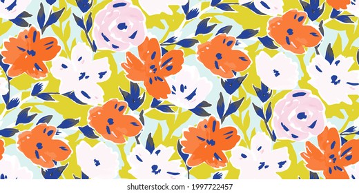 Sencillo patrón de flores de gouache dibujadas a mano, fondo colorido abstracto.