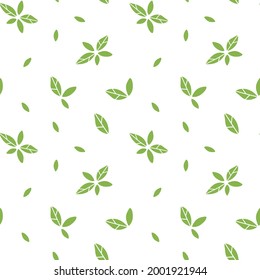 Simple seamless pattern. Hand drawn green leaves, trendy organic delicious herbs on white, minimal style. Decor textile, wrapping paper wallpaper vector print or fabric