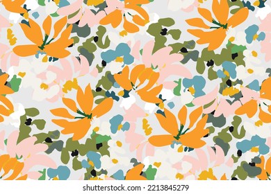 Simple seamless pattern of hand drawn gouache flowers, abstract colorful background.