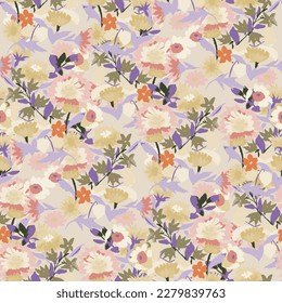 Simple seamless pattern of hand drawn gouache flowers, abstract colorful background.