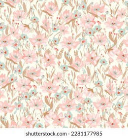 Simple seamless pattern of hand drawn gouache flowers, abstract colorful background.