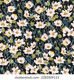 Simple seamless pattern of hand drawn gouache flowers, abstract colorful background.