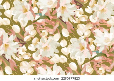 Simple seamless pattern of hand drawn gouache flowers, abstract colorful background.