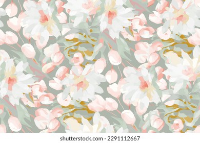 Simple seamless pattern of hand drawn gouache flowers, abstract colorful background.