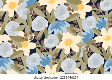 Simple seamless pattern of hand drawn gouache flowers, abstract colorful background.