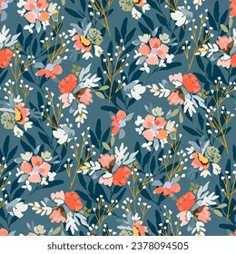 Simple seamless pattern of hand drawn gouache flowers, abstract colorful background.hand drawn, not AI