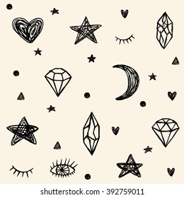 Simple seamless pattern with hand drawn elements: stars, moon, hearts, diamonds, eyelashes and eyes . Vector trendy pattern