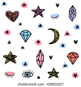 Simple seamless pattern with hand drawn elements: stars, moon, hearts, diamonds, eyelashes and eyes .