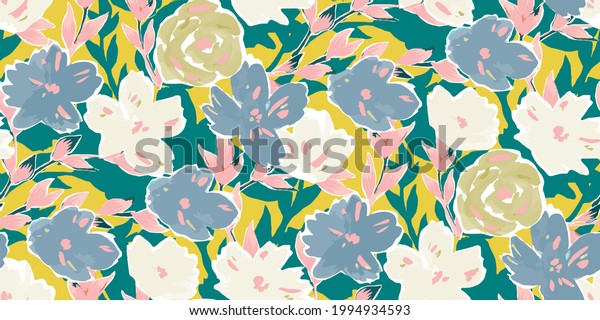 Simple seamless pattern of hand drawn gouache\
flowers, abstract colorful\
background.