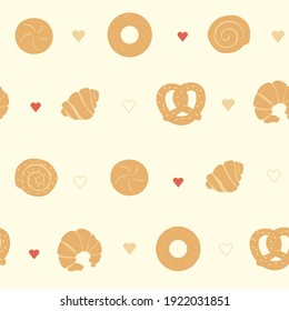 Simple seamless pattern. Hand drown bakery goodies on yellow background without shadows. Cute pastry production wrapping paper, print or textile pattern. Design elements for cafe, bakery shop, menu.
