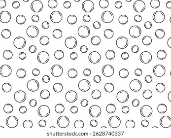 Simple seamless pattern of hand-drawn bubbles in black and white. This minimalistic line art design features various sizes of soap or air bubbles scattered evenly on a white background. Ideal for kids