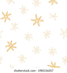 A simple seamless pattern. Hand-drawn flowers, snowflakes, simple irregular shapes. Scandinavian style abstract minimalism on a white background. Vector graphics.