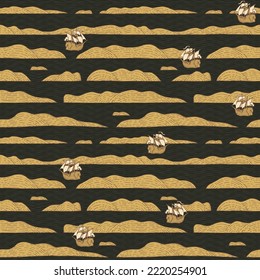 Simple seamless pattern with hand-drawn islands and old sailboats on the water. Decorative vector background in retro style. Suitable for wallpaper, wrapping paper, fabric