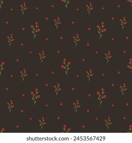 Simple seamless pattern with hawthorn, rosehip. Small wild berries vector illustration for wallpaper, fabric, packaging design in minimalistic style. Dark background. 