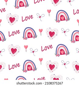 Simple seamless pattern. Heart, rainbow, love, bow. Valentine's Day background. Flat design in boho style.