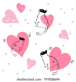 Simple seamless pattern with hearts and cats in masks. Valentine's day background in cartoon style. Vector illustration.