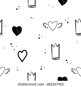 Simple seamless pattern with hearts and crowns.