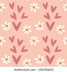 Simple seamless pattern with hearts and daisies. Romantic print with flowers. Floral vector illustration.