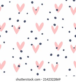Sencillo patrón impecable con corazones y puntos dispersos. Impresión femenina. Ilustración vectorial.