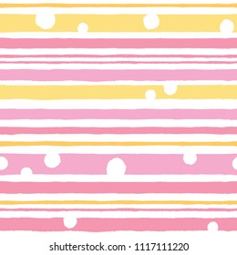 Simple seamless pattern with horizontal stripes and circles in pink tones.
