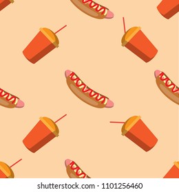 Simple seamless pattern with hot dogs and drinks.