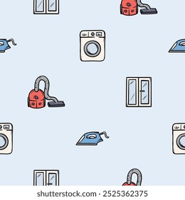 Simple seamless pattern with household appliances and interior. Vector background for design in the service sector, dry cleaning, cleaning company. Set of icons, signs related to hygiene, cleanliness