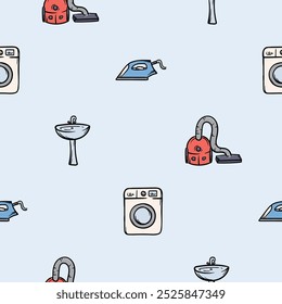 Simple seamless pattern with household appliances. Vector background for design in the service sector, dry cleaning, cleaning company. Set of icons, signs and symbols related to hygiene, cleanliness