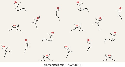 Simple seamless pattern with illustration of female neck and lips. Vector contour illustration for beauty salon, cosmetics.